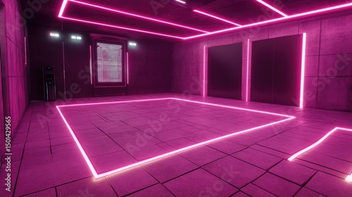 Pink neon lights illuminate a futuristic room with concrete walls, tiled floor, and elevator doors