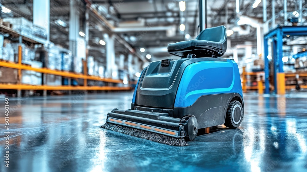 Fototapeta premium Robotic floor cleaner gliding smoothly on polished concrete surface in warehouse