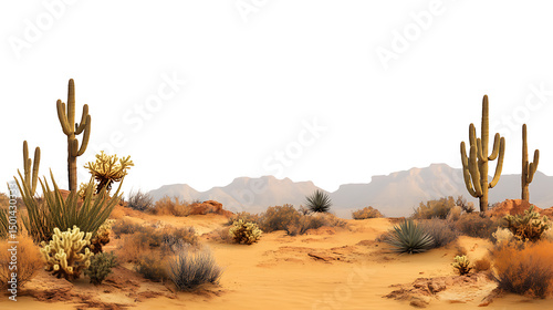 Arid desert landscape with cactus plants on transparent background cutout