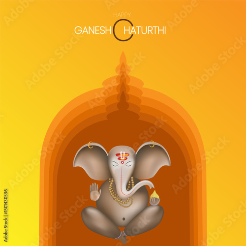 Elegant vector of Lord Ganesha seated inside a temple dome with orange glow background for Ganesh Chaturthi celebration great for invitations e cards and decor use