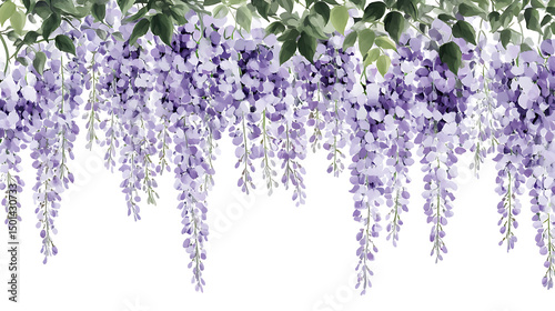 Elegant watercolor wisteria flowers and green leaves on transparent background