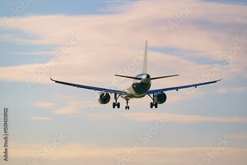 Rear view of a passenger airplane preparing to land at the airport at sunset.