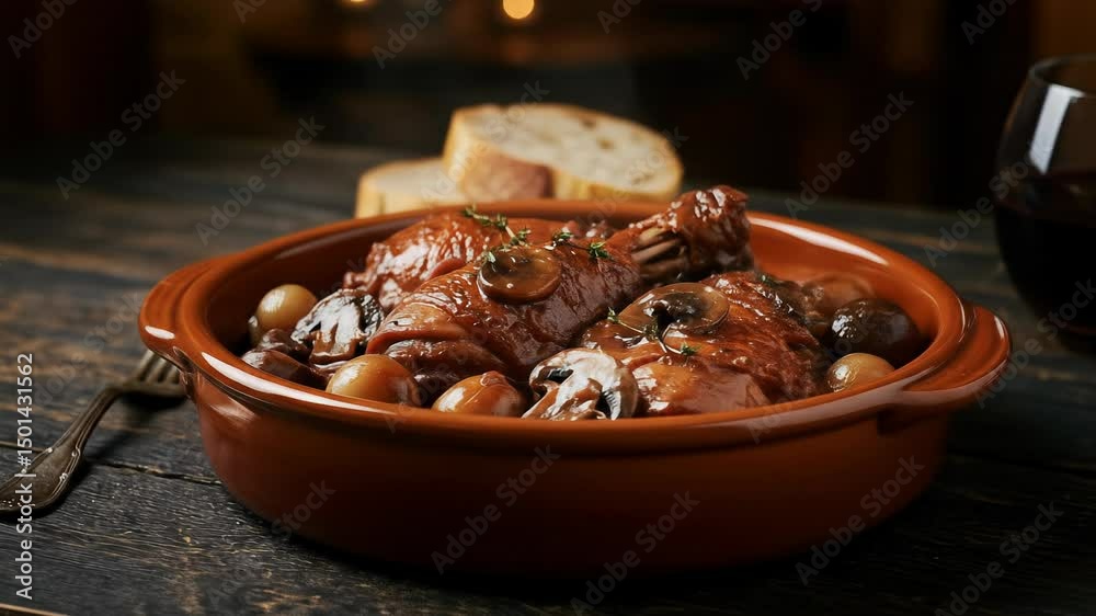 Steaming Coq au Vin in casserole dish. Still life on dark wooden table with bread and wine glass