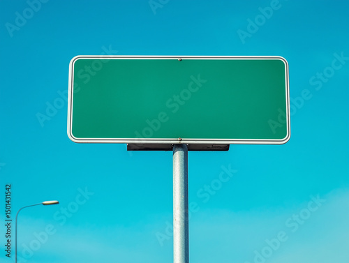 Green road sign against a clear blue sky providing copy space for custom messaging and advertising, ideal for directional or informational purposes