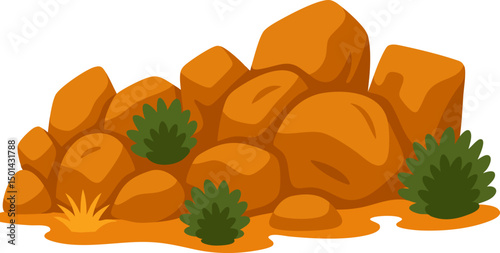 Flat Vector Illustration of a Rocky Desert Landscape with Green Bushes and Dry Grass Under a Clear Sky