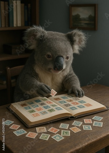 Koala collecting stamps thoughtfully.
