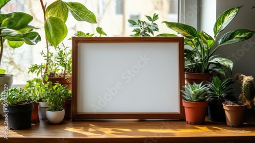 Blank frame surrounded by various potted plants on a sunny windowsill