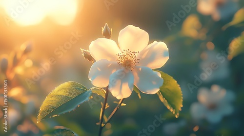 A delicate white flower blooms in soft sunlight, surrounded by green leaves and a serene, golden background.