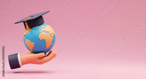 Global education concept with graduation cap on globe symbolizing learning and knowledge