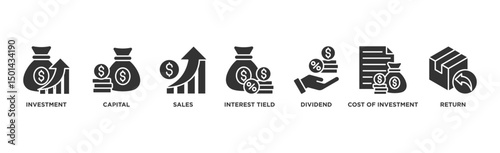 Roi banner web icon illustration concept for return on investment with icon of capital, sales, interest tield, dividend, cost of investment and return