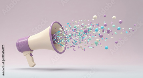 Colorful confetti bursts from a megaphone in a creative display of celebration and communication in a studio setting
