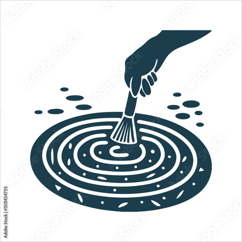 Hand Sweeping Ash into Spiral Pattern Design Hearth Ash A hand sweeping ashes into a spiral symbol ember dots glowing in the patterns center