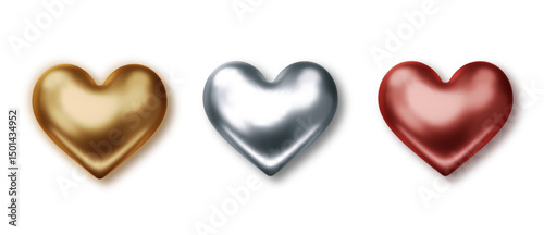 Metallic heart 3d isolated. Gold, platinum, silver, bronze heart. Love icon for Valentine's, weddings, or greeting card vector design.