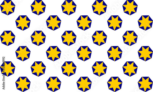 Yellow star on blue hexagons pattern, Abstract Seamless geometric pattern with yellow blue stars background, checkerboard chessboard, repeat star pattern design for fabric printing, star patter
