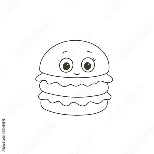 Baby Burger, Hamburger line art, color page with a cute hamburger with big eyes