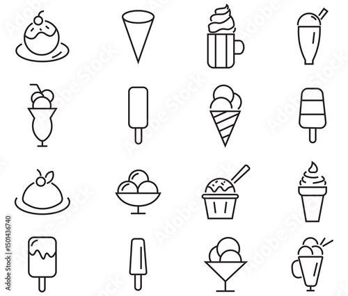 Set of ice cream thin line  icons, vector. Contains such Icons as parfait, milkshake, frozen yogurt, vanilla, chocolate and more. Line art style ice cream icons bundle. vector illustration. 
