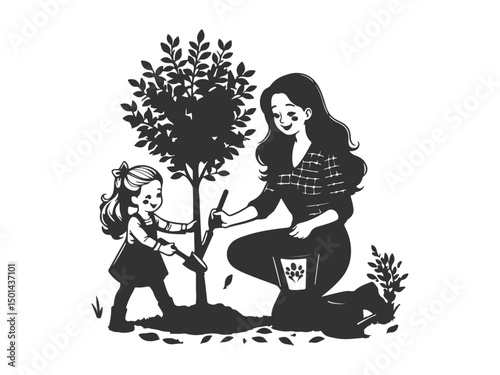 Mom and Daughter Planting a Tree Graphic, simple