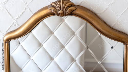 Ornate gold frame mirror reflects tufted headboard