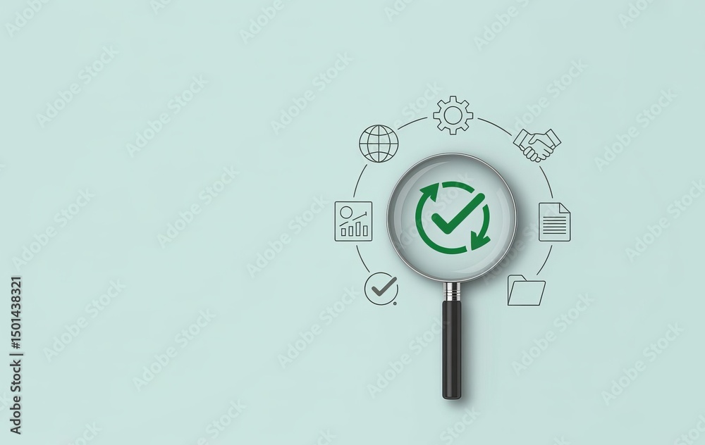 Fototapeta premium Minimalist Business Concept with Magnifying Glass Highlighting Green Checkmark and Workflow Icons on Light Background