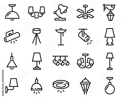Simple Set of Lamps Related Vector Line Icons. Contains such Icons as Table Lamp, Floor Light, Spotlight and more black