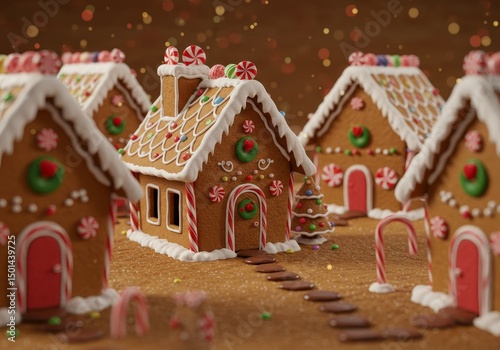 Realistic 3D Illustration of Gingerbread Houses with Red Green and White Candy Decorations