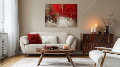 Red, beige, and white abstract canvas art displayed above a cream couch in a modern living room