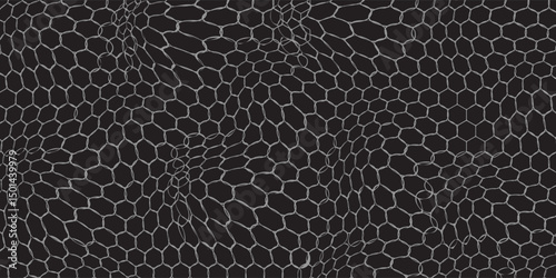 Dark grey abstract wide horizontal banner with hexagon carbon fiber grid and orange luminous lines. Technology vector background with orange neon lines