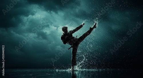 Dynamic martial artist executing a water-infused kick amid a stormy backdrop