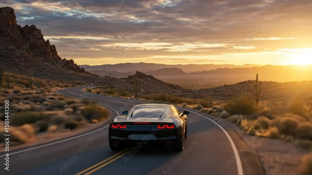 Black Sports Car Desert Sunset Drive Scenic Road