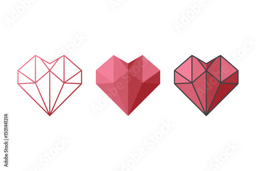 Geometric Heart Icon Set – Polygon Low Poly Love Symbols in Outline and Color Styles