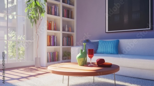 Sunlit living room with white sofa, wooden coffee table, bookshelves, and decorative accents