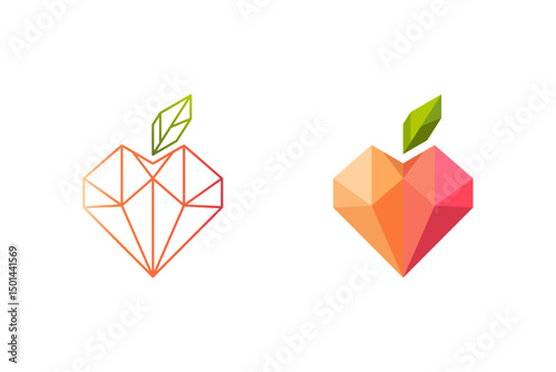 Heart Apple Logo in Low Poly and Outline Style – Vector Fruit Icon