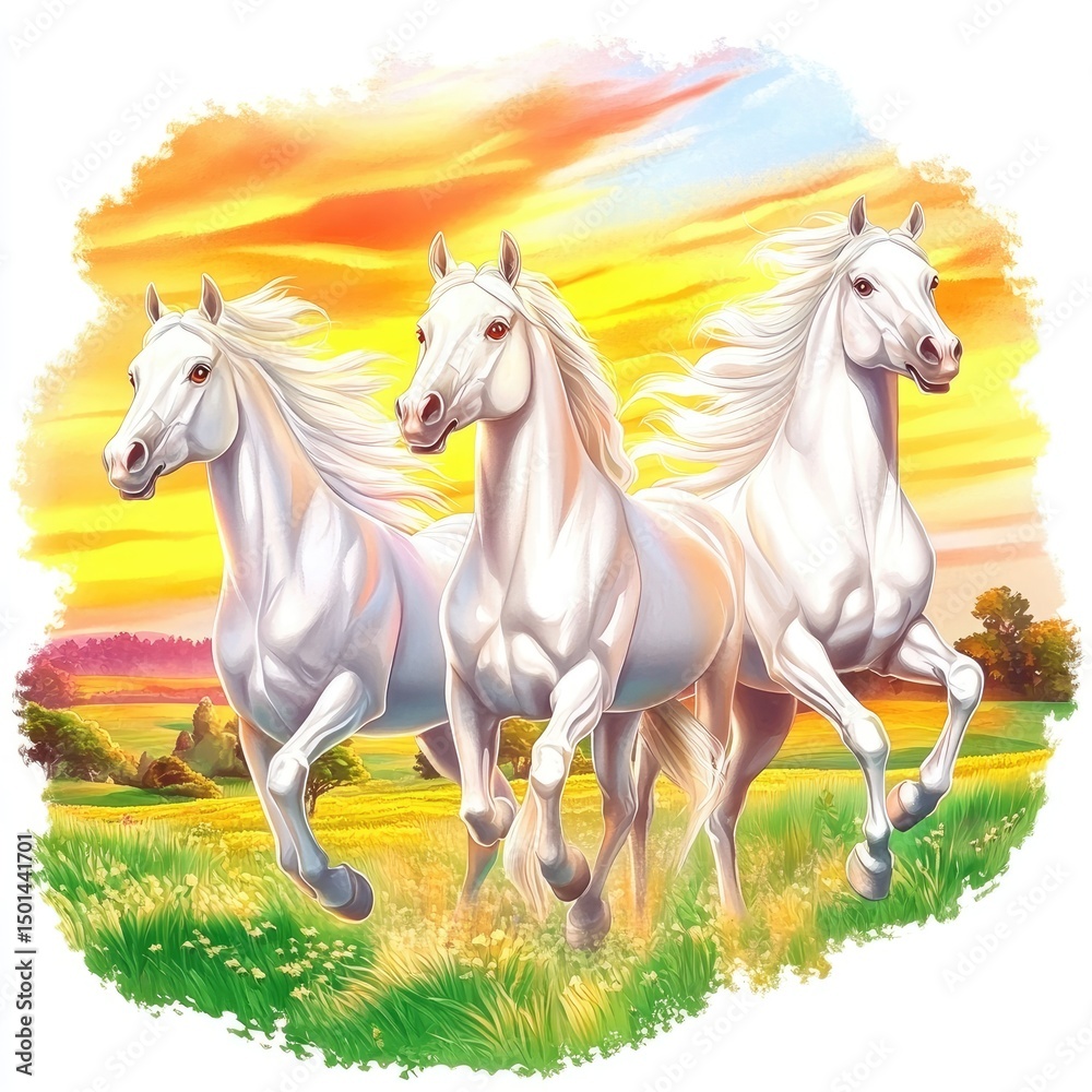Three white horses galloping across a golden sunset field. A serene, vibrant landscape surrounds them, with tall grass and distant hills Three white horses galloping across a golden sunset field. A serene, vibrant landscape surrounds them, with tall grass and distant hills