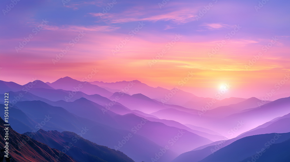 Obraz premium Ethereal mountain landscape at sunset with layered mountain,sky pastel color palette of blues, purples, pinks, and golds, mountain ranges, panoramic.