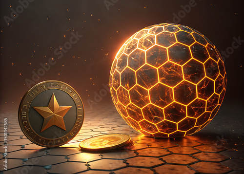 Digital spheres with glowing hexagonal textures / Esferas digitales con texturas hexagonales luminosas

