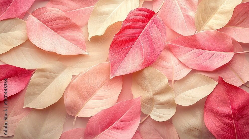 Obraz premium Seamless tropical leaf pattern in soft pastel tones of pink, beige, and cream 