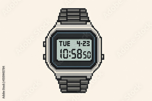 8-Bit Pixel Old-School Casio Watch With Day-Date Display on White Background