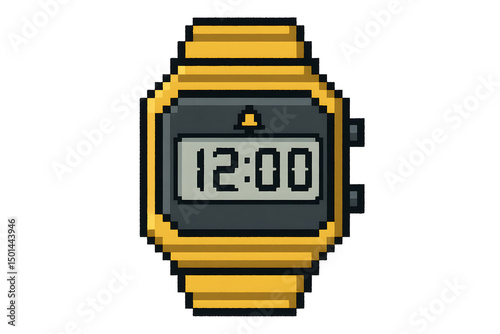 8-Bit Pixel Retro Digital Watch With Alarm Icon on White Background