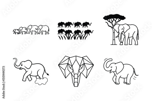 Majestic Elephant Stroll Through the Savannah – Line Art