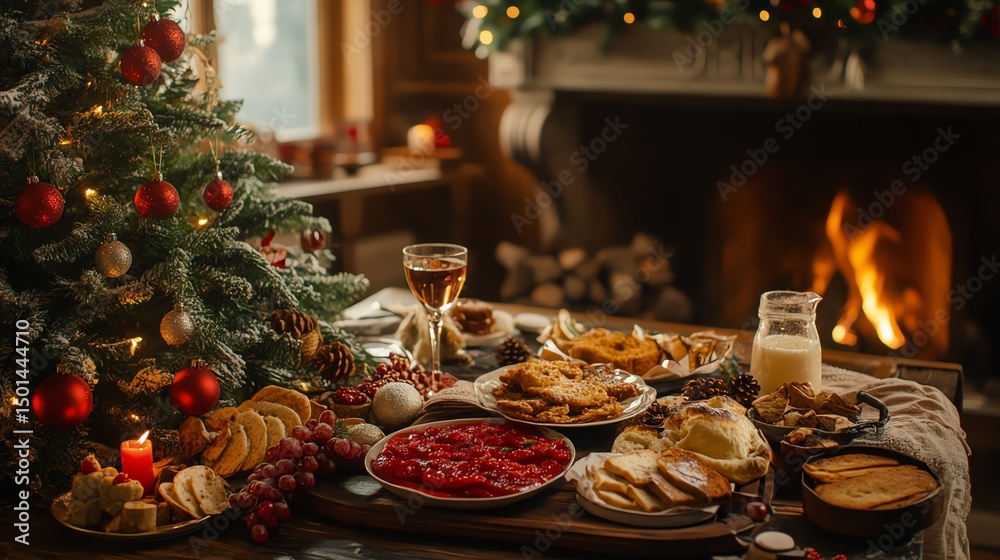 Naklejka premium Festive Christmas feast with traditional dishes by the cozy fireplace and decorated tree. Warm, inviting holiday scene.
