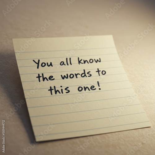 Realistic Photo Of A Yellow Sticky Note With Handwritten Text on A Wooden Table