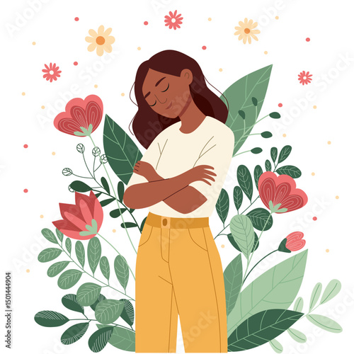 Woman hugging herself, surrounded by lush green foliage and flowers. Self love, mental health, and body positive concept for well-being.