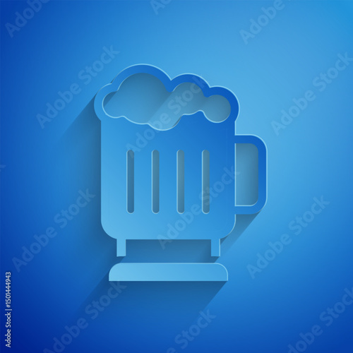 Paper cut Wooden beer mug icon isolated on blue background. Paper art style. Vector