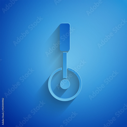 Paper cut Pizza knife icon isolated on blue background. Pizza cutter sign. Steel kitchenware equipment. Paper art style. Vector