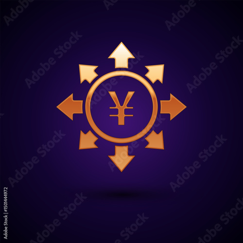 Gold Coin money with Yen symbol icon isolated on black background. Banking currency sign. Cash symbol. Vector