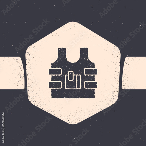 Grunge Bulletproof vest for protection from bullets icon isolated on grey background. Body armor sign. Military clothing. Monochrome vintage drawing. Vector