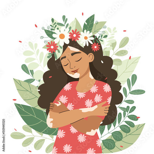 Woman with vitiligo embracing herself with closed eyes, surrounded by floral wreath. Concept of body positivity and mental health.