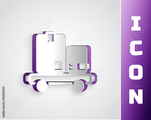 Paper cut Hand truck and boxes icon isolated on grey background. Dolly symbol. Paper art style. Vector