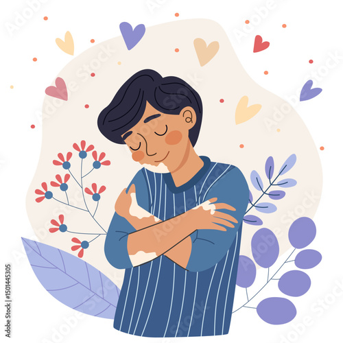 Teenage boy hugging himself with closed eyes, representing self-care and acceptance. Body positive character for mental health concept.