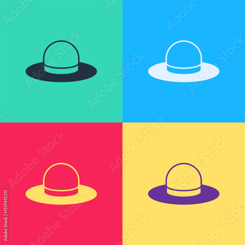 Pop art Man hat with ribbon icon isolated on color background. Vector